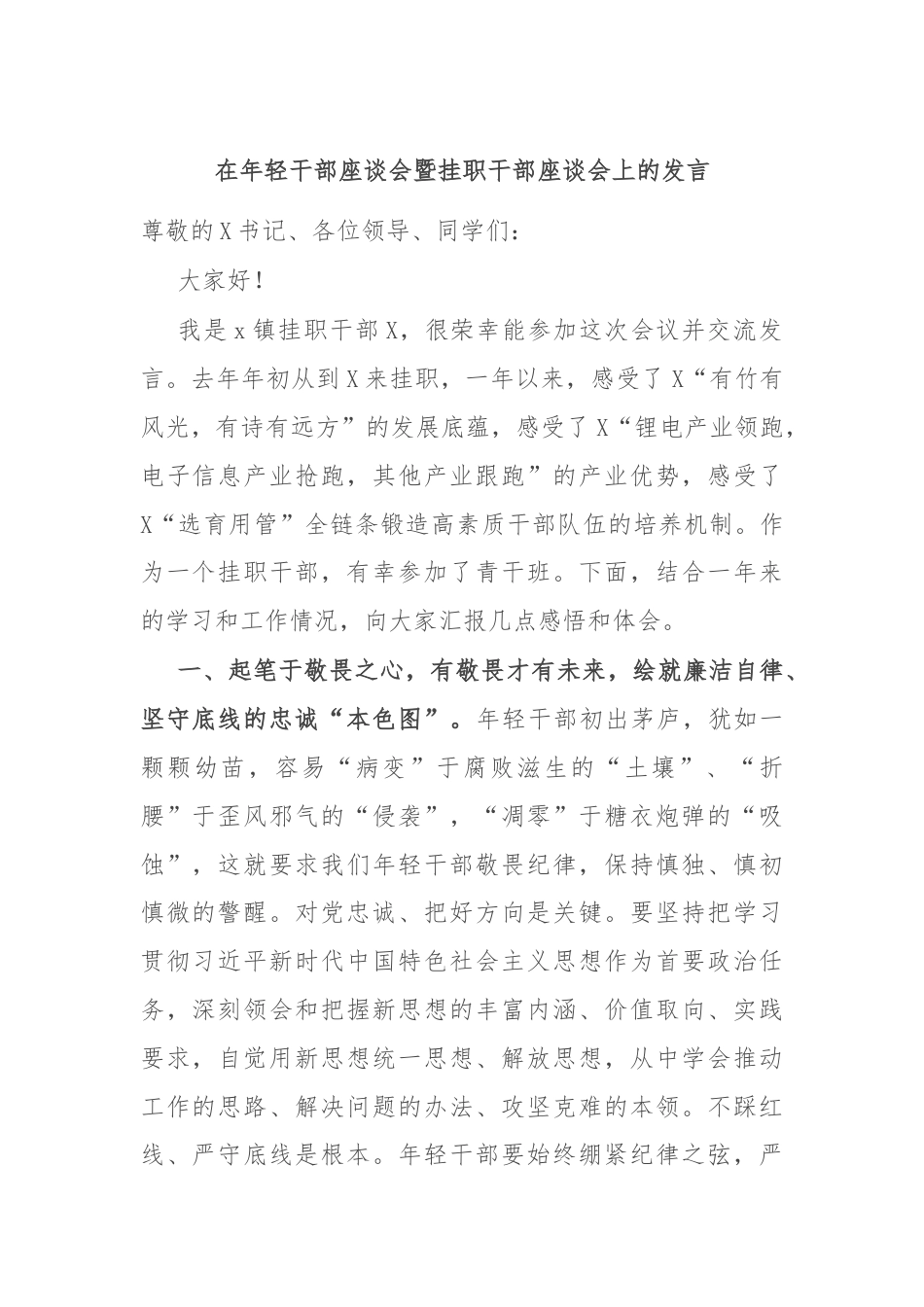 在年轻干部座谈会暨挂职干部座谈会上的发言.docx_第1页