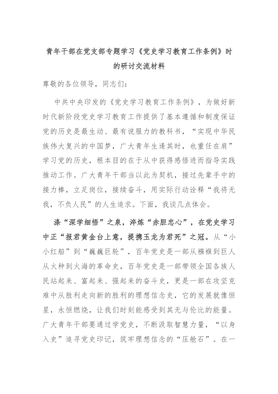 青年干部在党支部专题学习《党史学习教育工作条例》时的研讨交流材料.docx_第1页