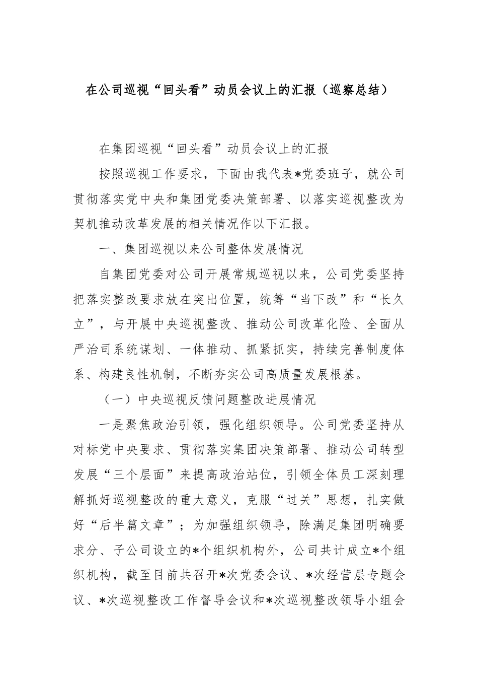 在公司巡视“回头看”动员会议上的汇报（巡察总结）.docx_第1页