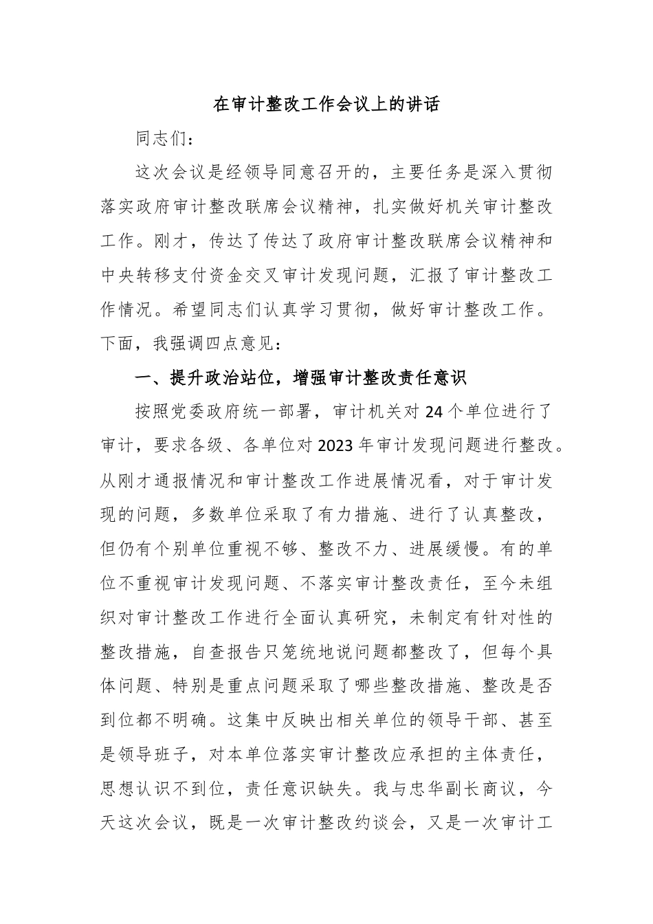 在审计整改工作会议上的讲话.docx_第1页