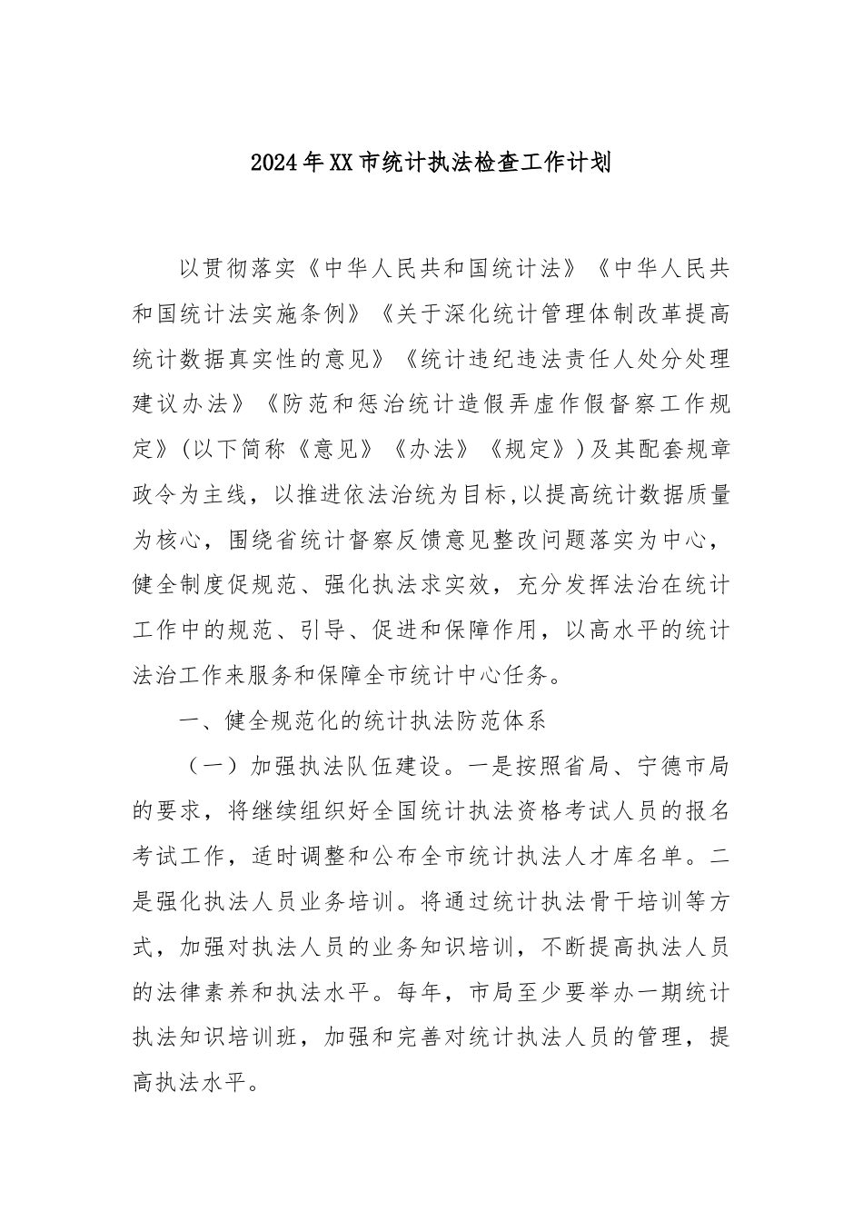 2024年XX市统计执法检查工作计划.docx_第1页