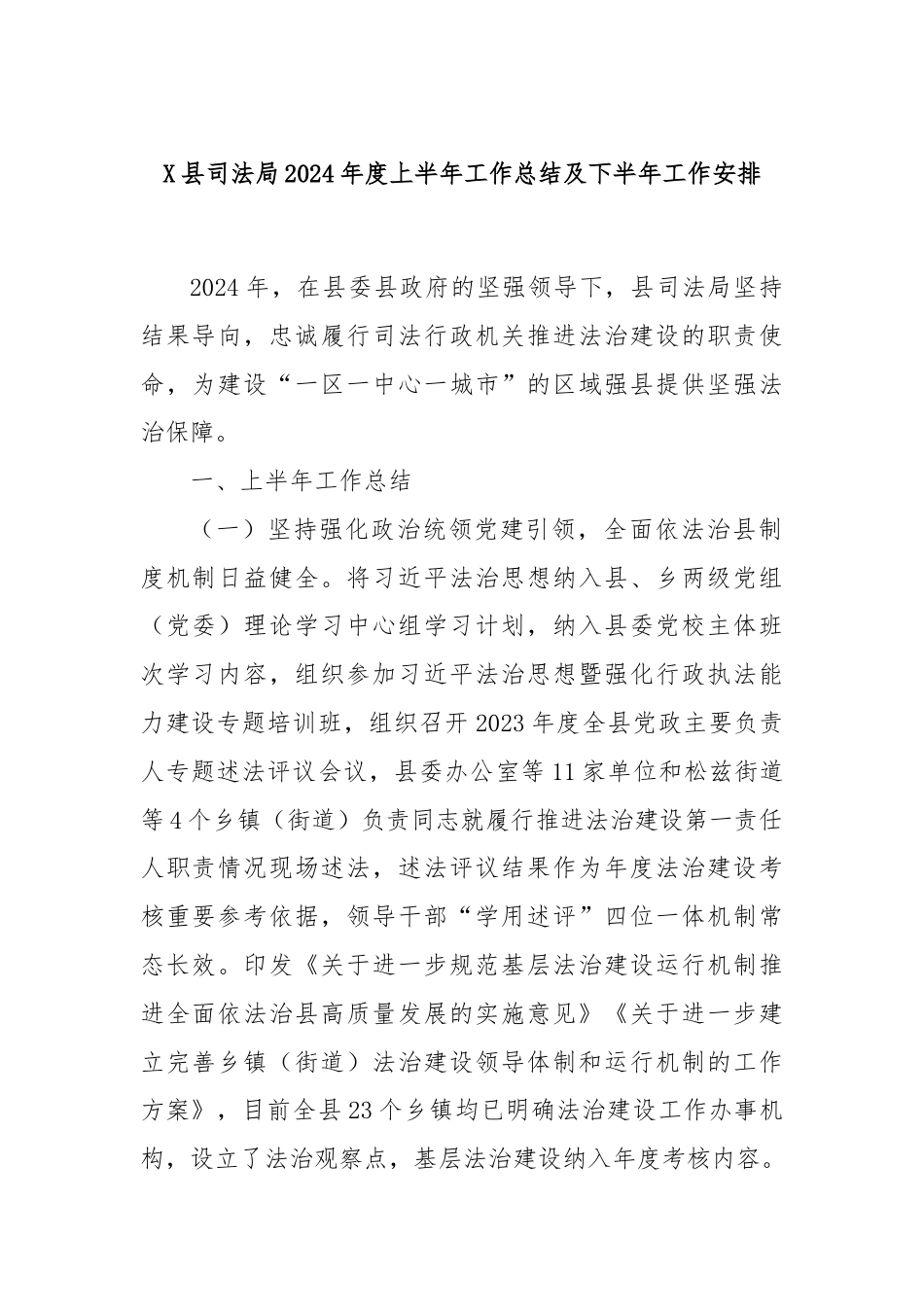 X县司法局2024年度上半年工作总结及下半年工作安排.docx_第1页