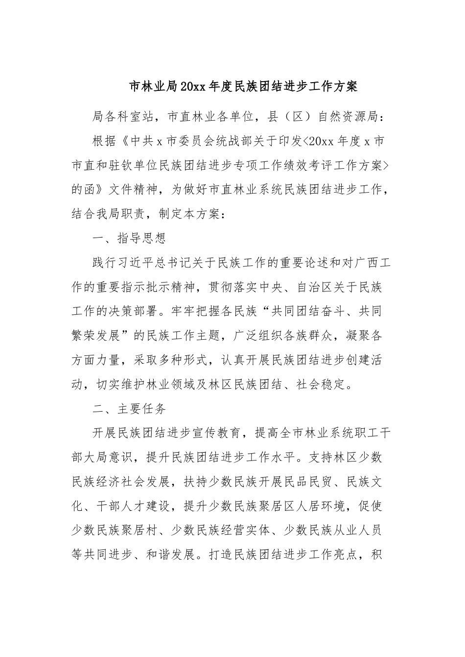 市林业局20xx年度民族团结进步工作方案.docx_第1页