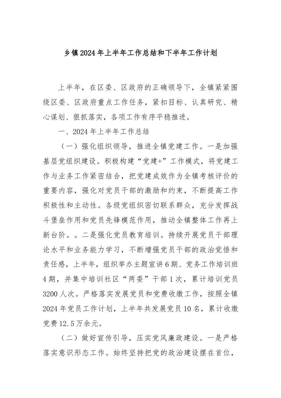 乡镇2024年上半年工作总结和下半年工作计划.docx_第1页