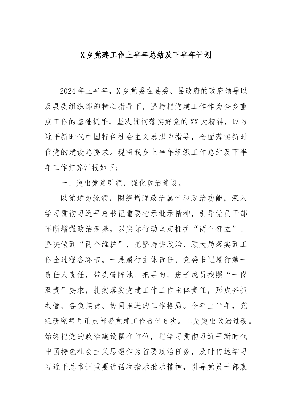 X乡党建工作上半年总结及下半年计划.docx_第1页