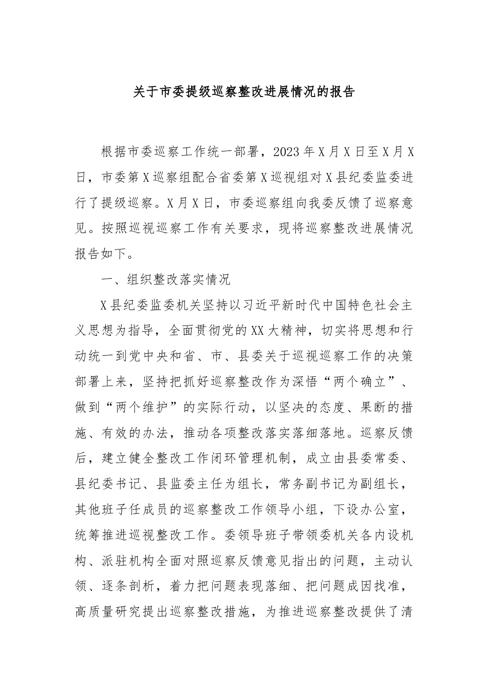 关于市委提级巡察整改进展情况的报告.docx_第1页