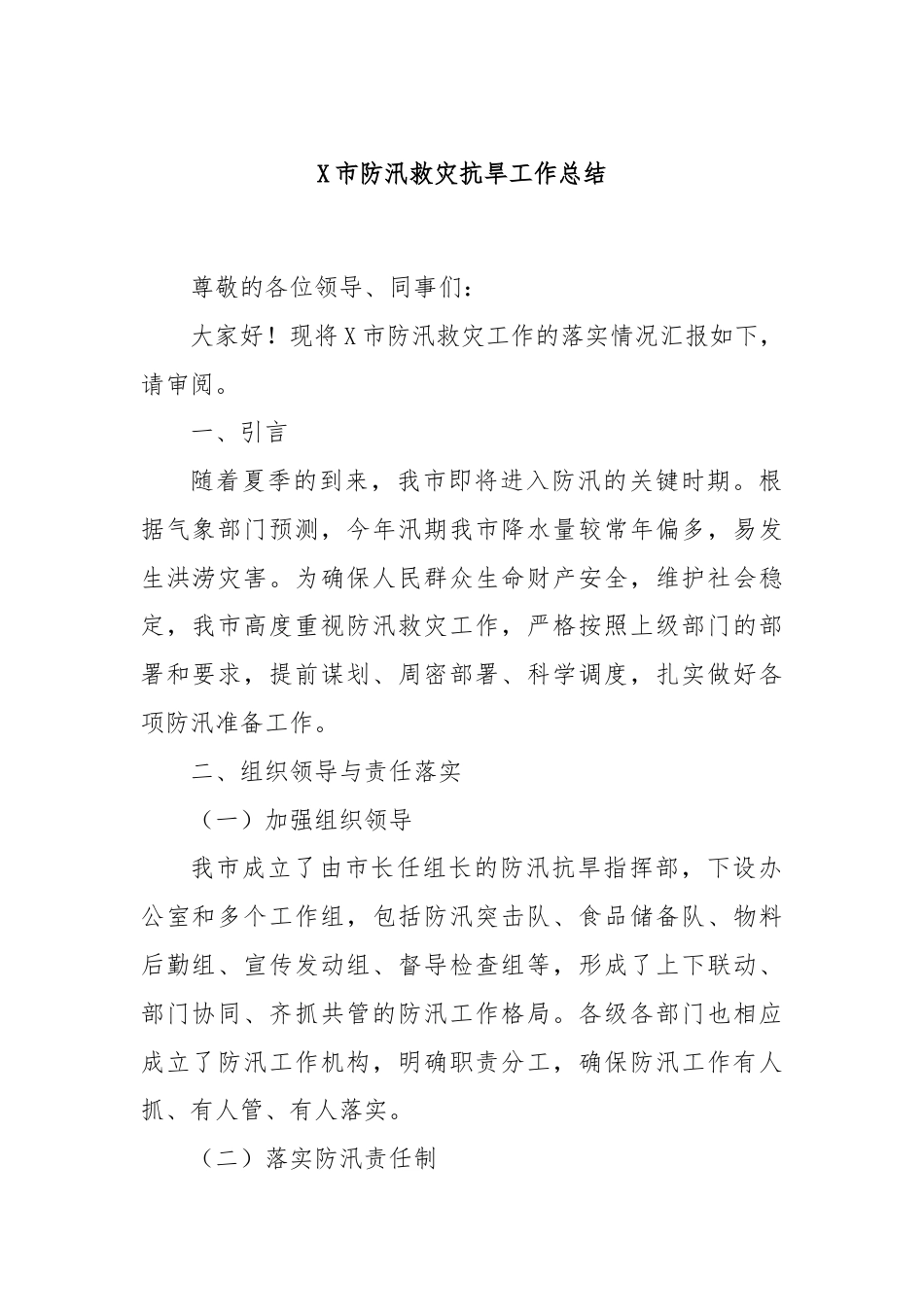 X市防汛救灾抗旱工作总结（2）.docx_第1页