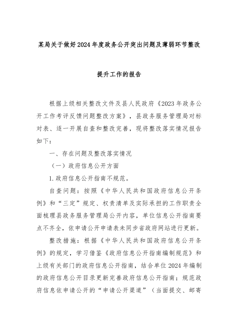 某局关于做好2024年度政务公开突出问题及薄弱环节整改提升工作的报告.docx_第1页