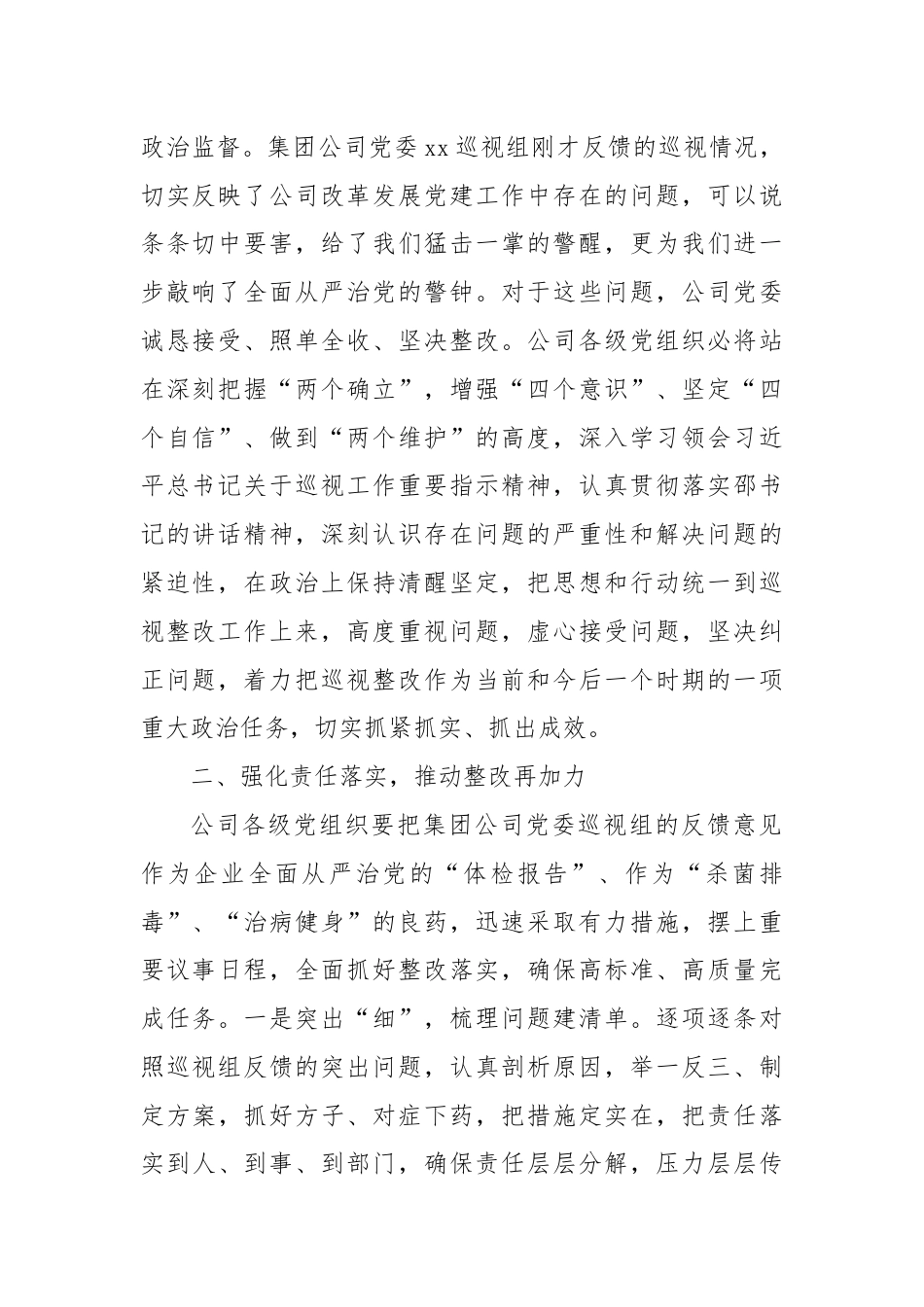 在集团公司党委巡视公司党委反馈会上的表态发言.docx_第2页