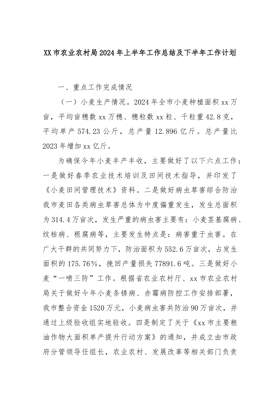 XX市农业农村局2024年上半年工作总结及下半年工作计划.docx_第1页