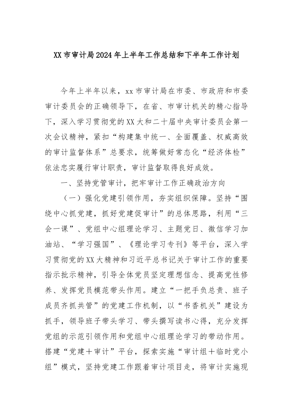 XX市审计局2024年上半年工作总结和下半年工作计划.docx_第1页