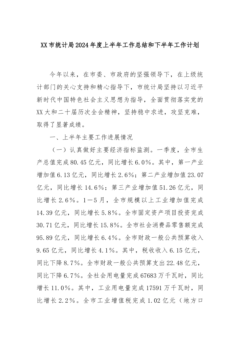 XX市统计局2024年度上半年工作总结和下半年工作计划.docx_第1页