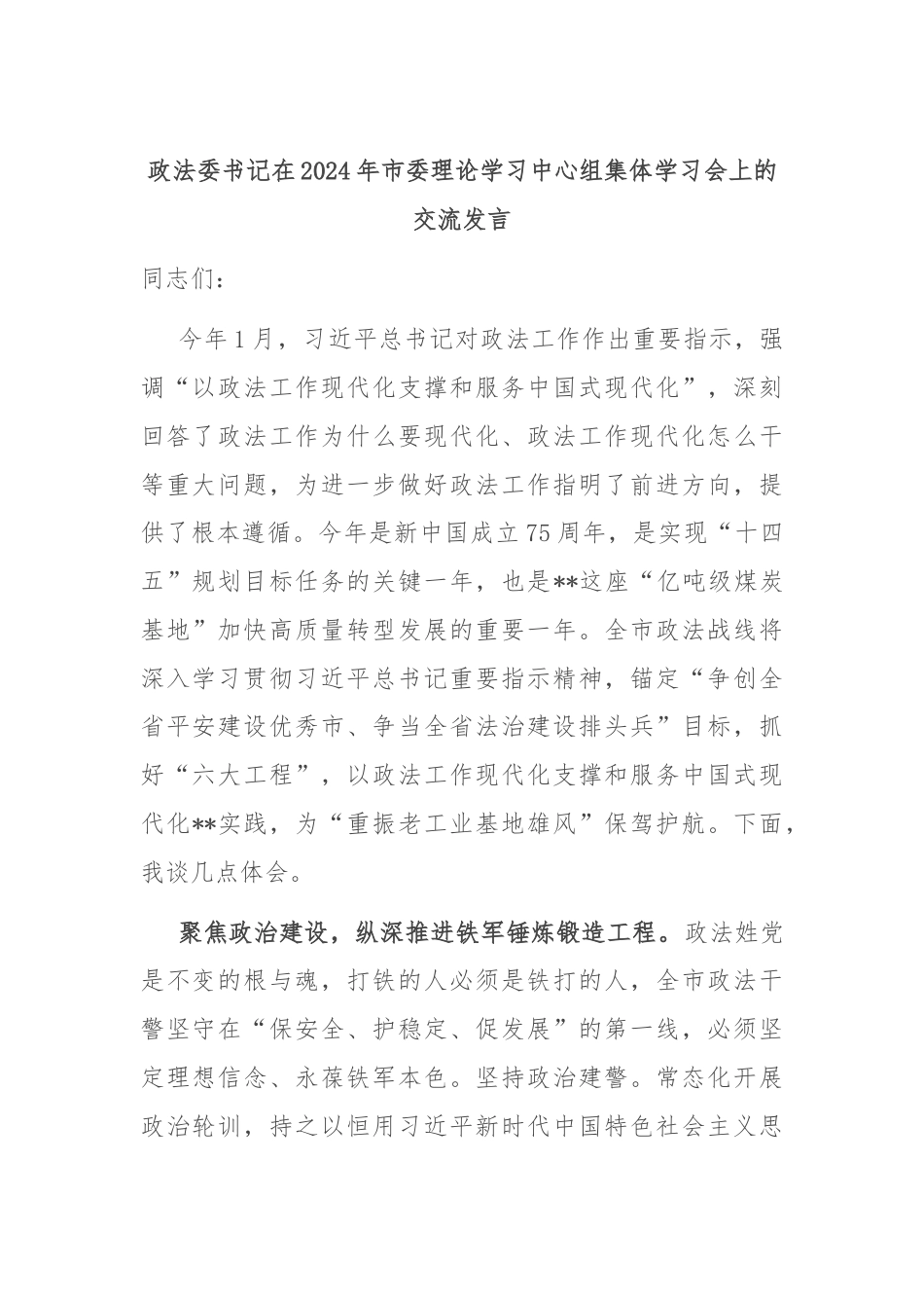 政法委书记在2024年市委理论学习中心组集体学习会上的交流发言.docx_第1页