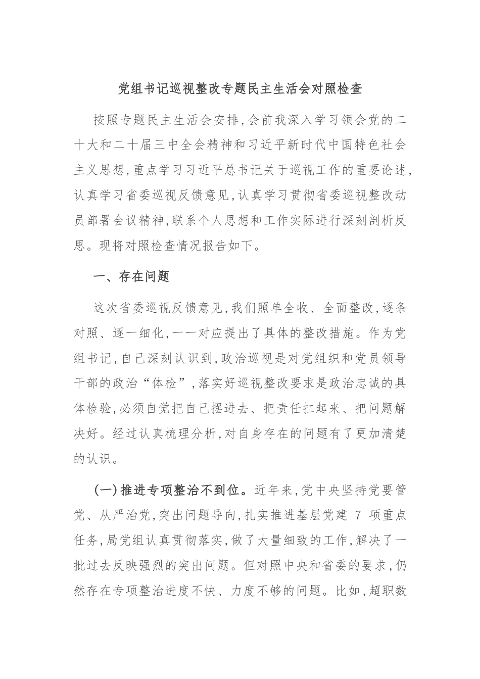 党组书记巡视整改专题民主生活会对照检查.docx_第1页