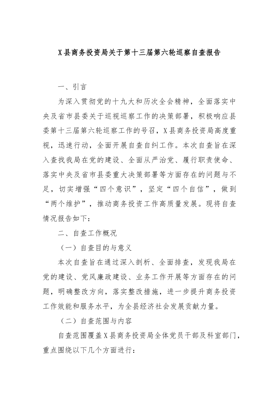 X县商务投资局关于第十三届第六轮巡察自查报告.docx_第1页