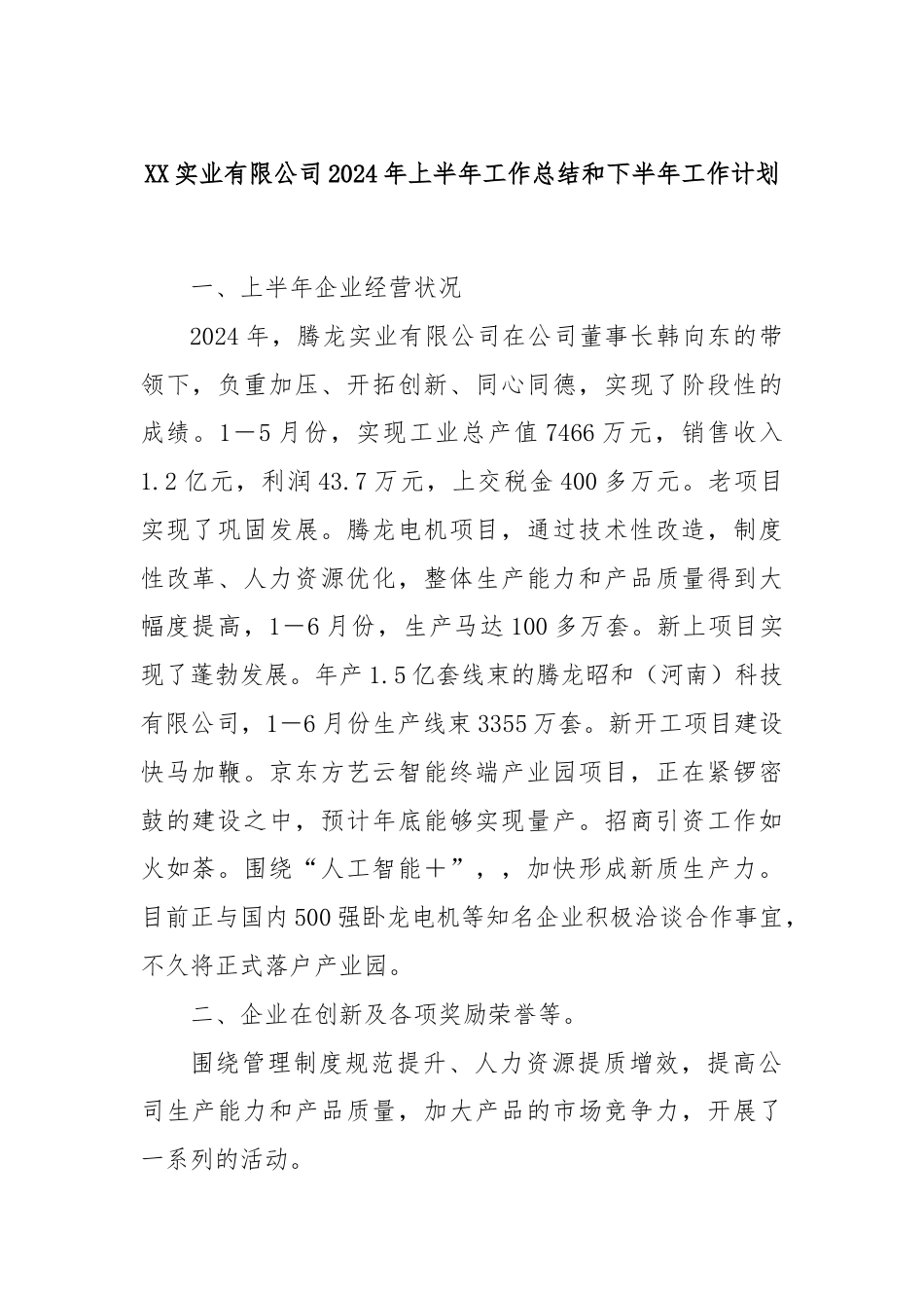 XX实业有限公司2024年上半年工作总结和下半年工作计划.docx_第1页