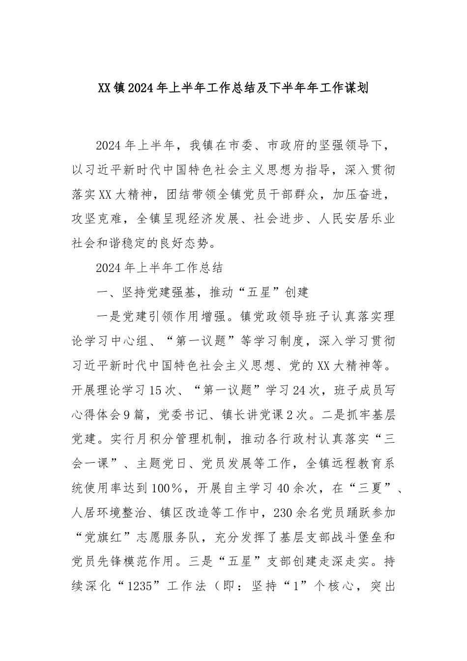 XX镇2024年上半年工作总结及下半年年工作谋划.docx_第1页