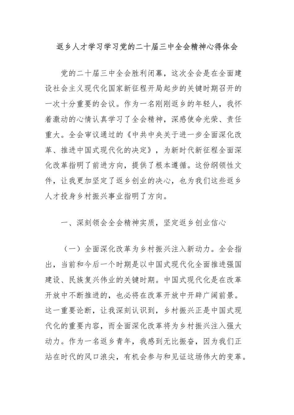 返乡人才学习学习党的二十届三中全会精神心得体会.docx_第1页