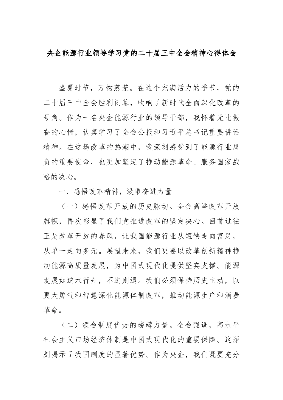 央企能源行业领导学习党的二十届三中全会精神心得体会.docx_第1页