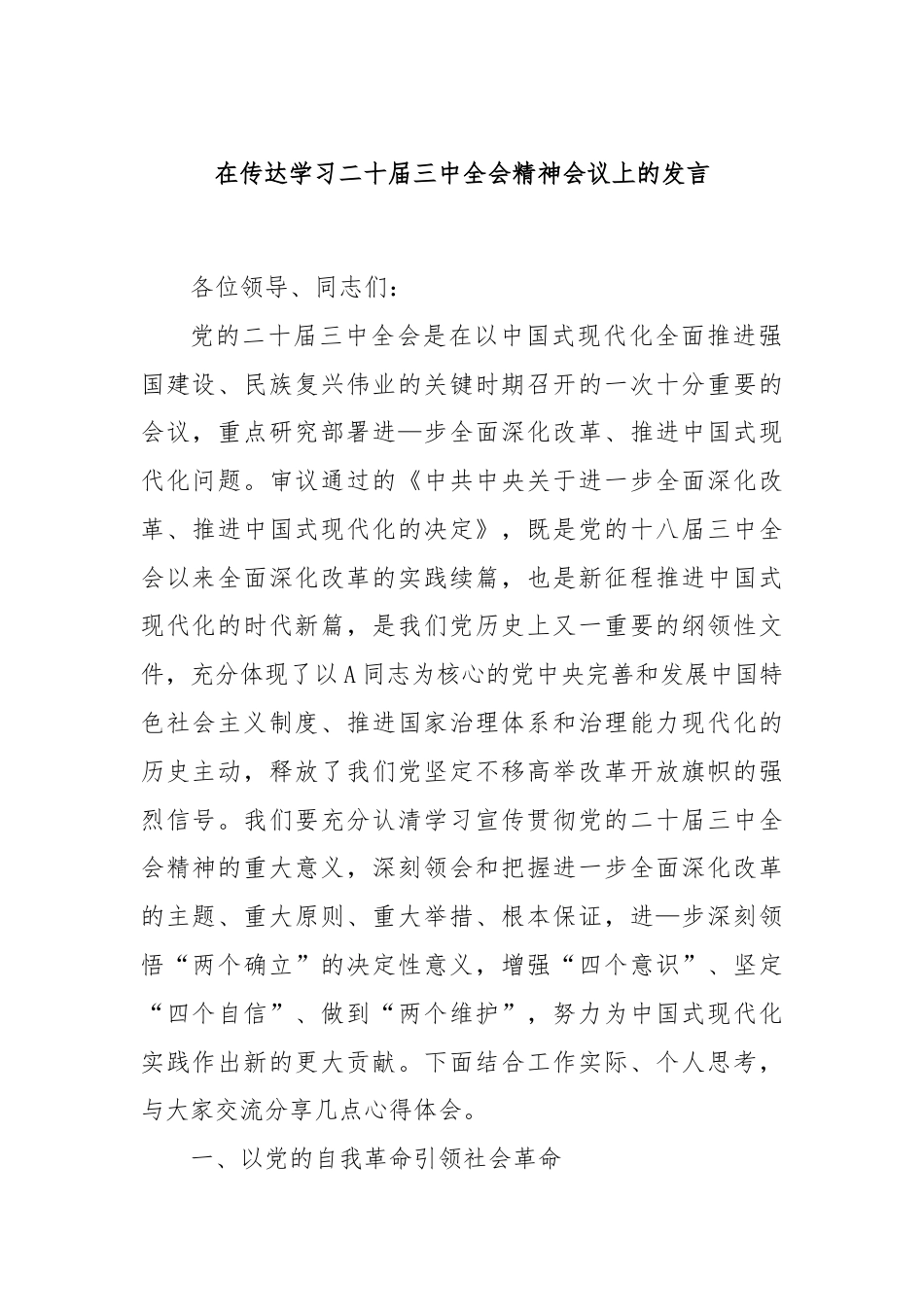 在传达学习二十届三中全会精神会议上的发言.docx_第1页