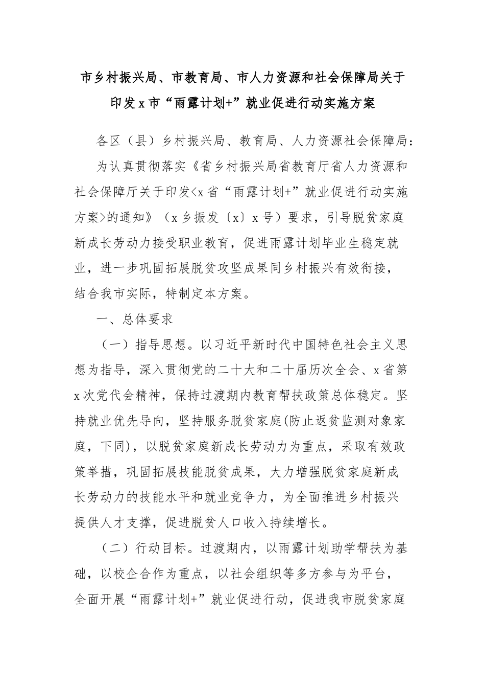 市乡村振兴局、市教育局、市人力资源和社会保障局关于印发x市“雨露计划+”就业促进行动实施方案.docx_第1页