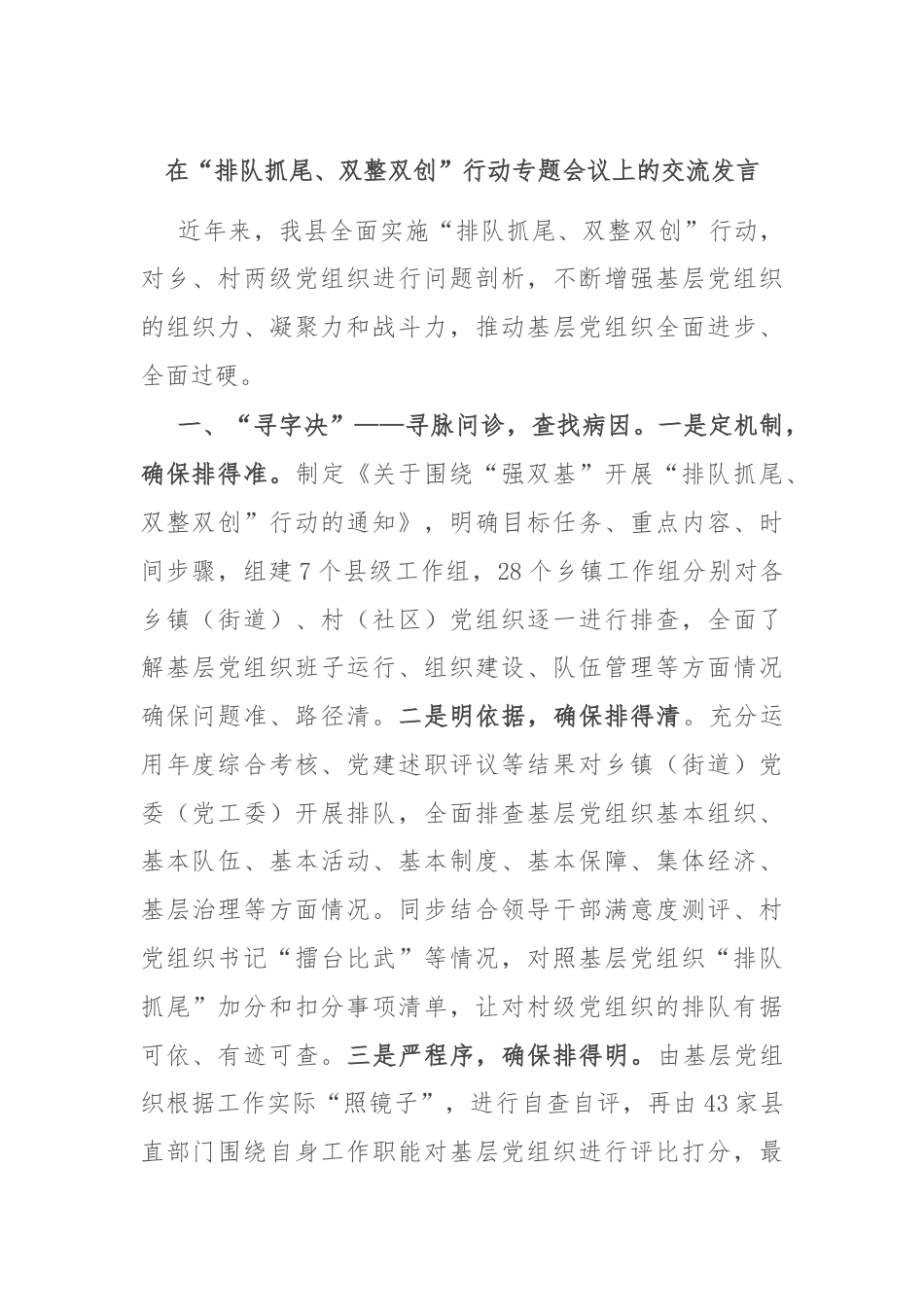 在“排队抓尾、双整双创”行动专题会议上的交流发言.docx_第1页