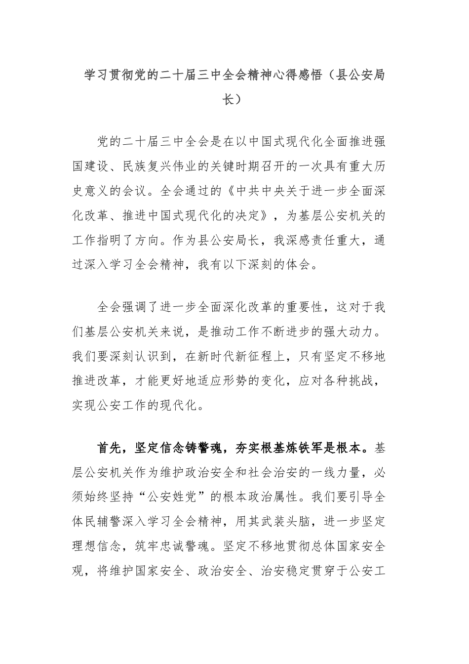 学习贯彻党的二十届三中全会精神心得感悟（县公安局长）.docx_第1页