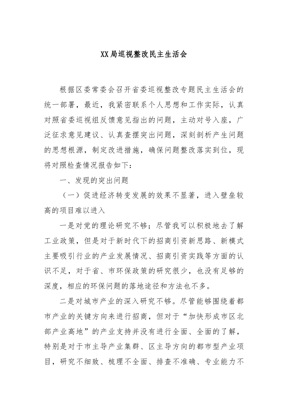 XX局巡视整改民主生活会.docx_第1页