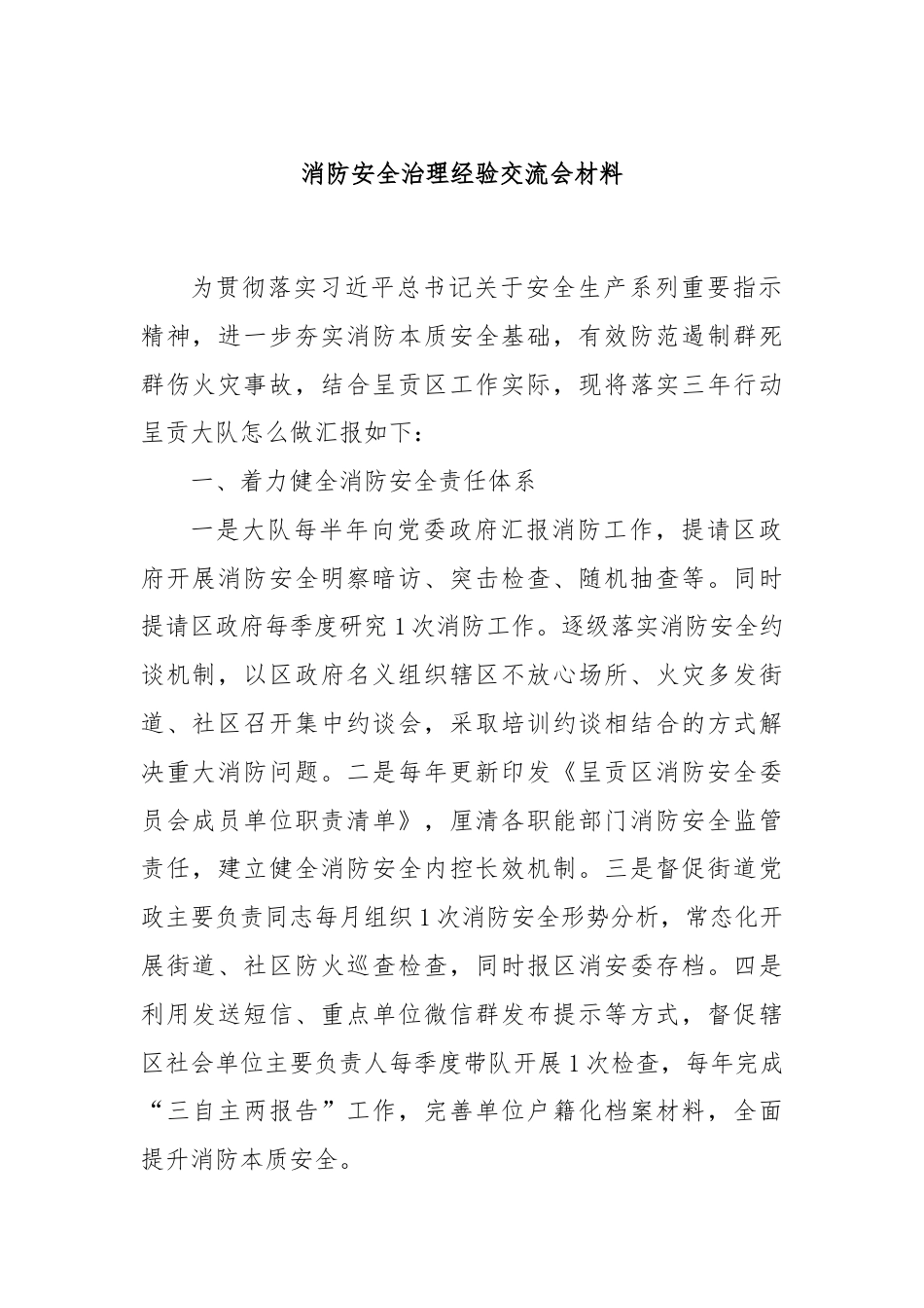 消防安全治理经验交流会材料.docx_第1页