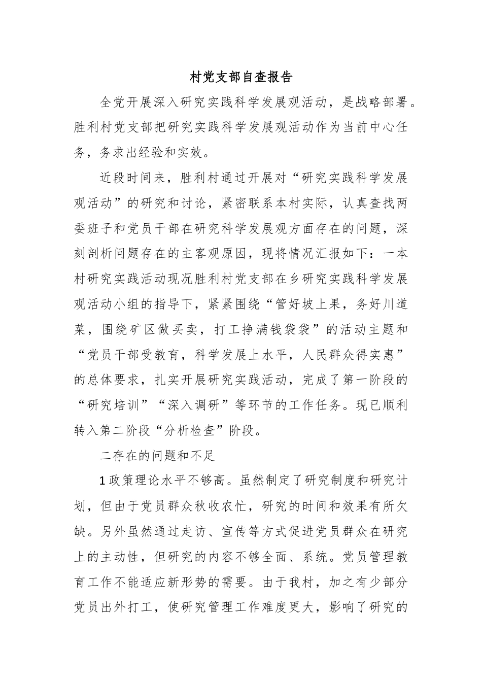 村党支部自查报告.docx_第1页