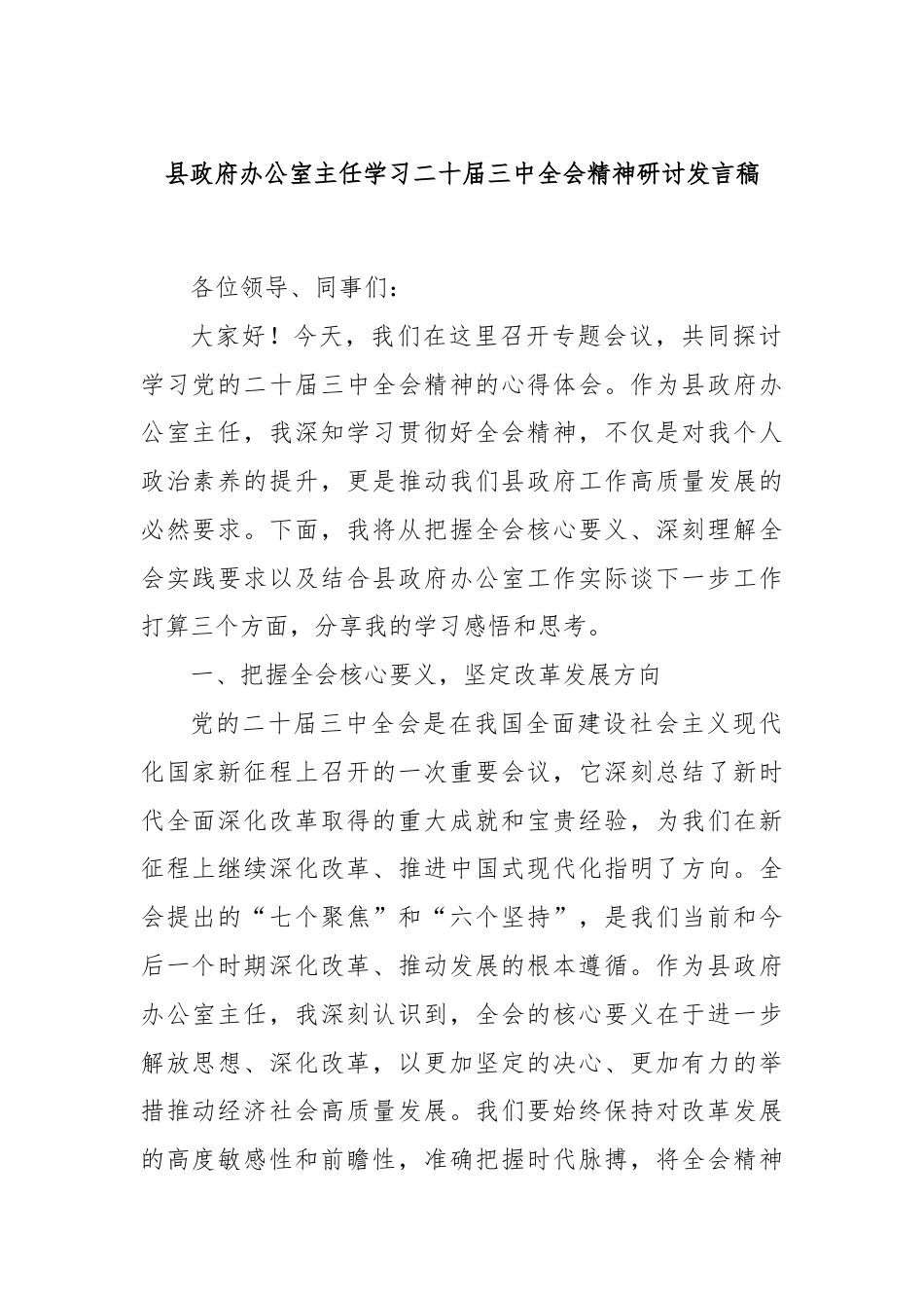 县政府办公室主任学习二十届三中全会精神研讨发言稿.docx_第1页