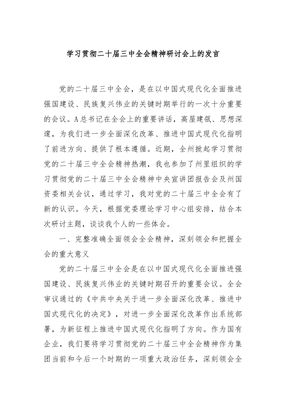 学习贯彻二十届三中全会精神研讨会上的发言.docx_第1页