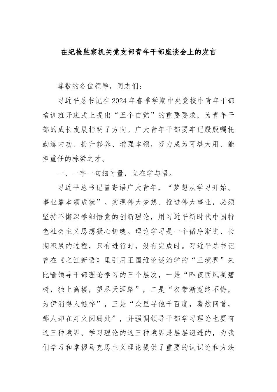 在纪检监察机关党支部青年干部座谈会上的发言.docx_第1页