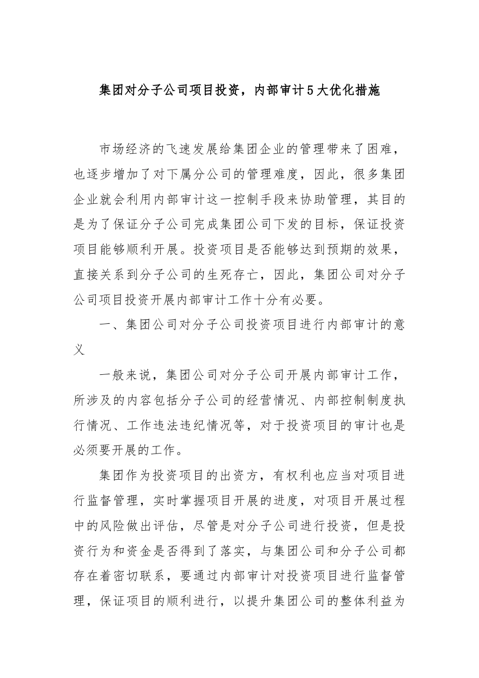 集团对分子公司项目投资，内部审计5大优化措施.docx_第1页