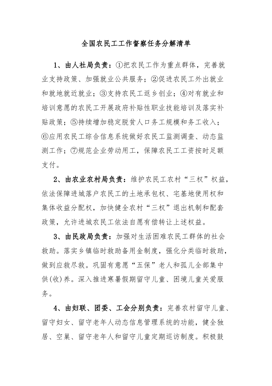 全国农民工工作督察任务分解清单.docx_第1页