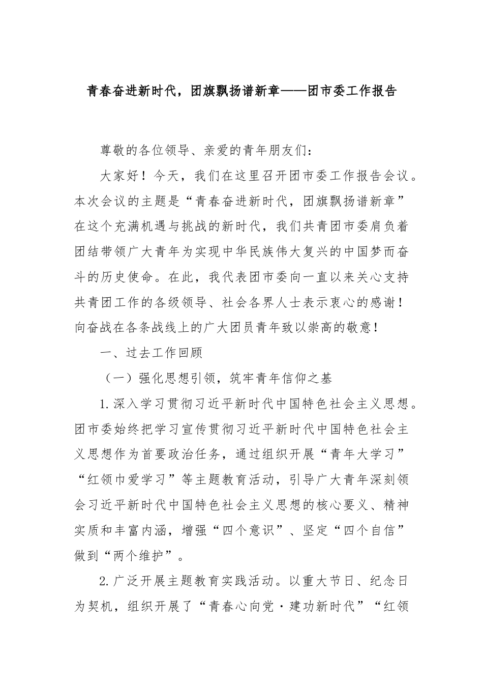 青春奋进新时代，团旗飘扬谱新章——团市委工作报告.docx_第1页