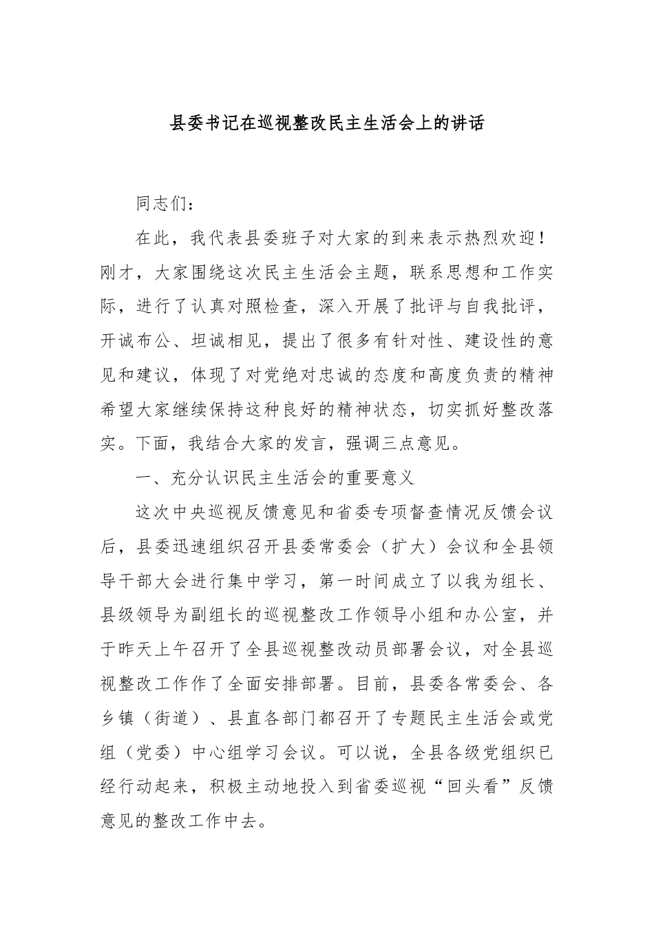 县委书记在巡视整改民主生活会上的讲话.docx_第1页