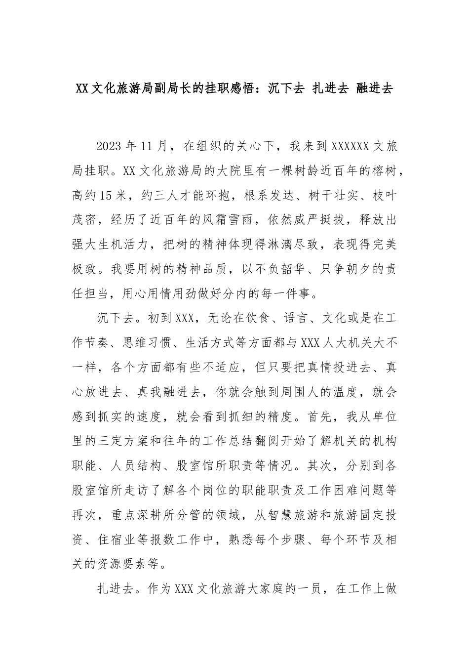 XX文化旅游局副局长的挂职感悟：沉下去 扎进去 融进去.docx_第1页