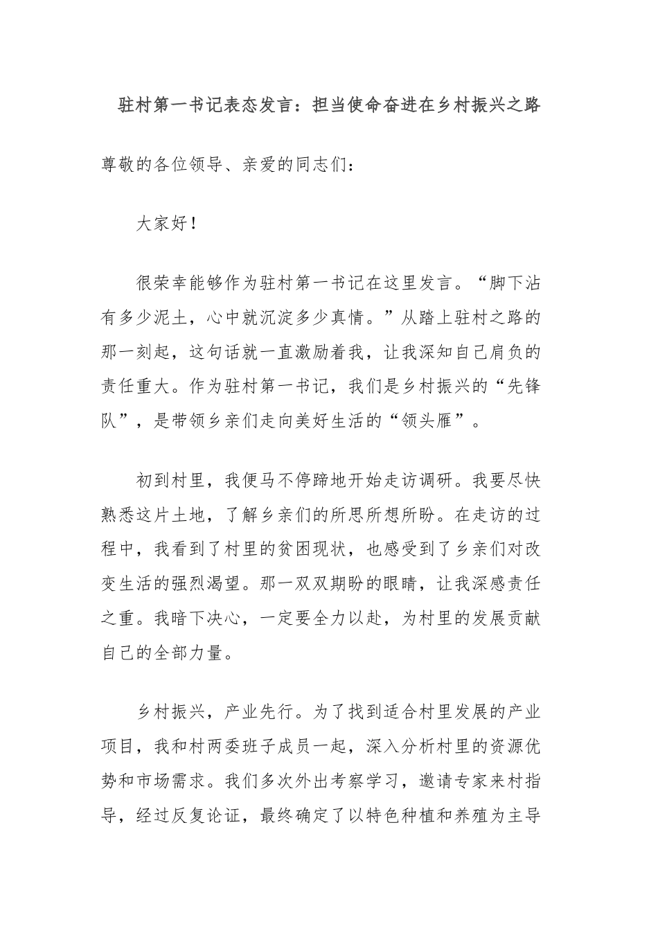 驻村第一书记表态发言：担当使命奋进在乡村振兴之路.docx_第1页