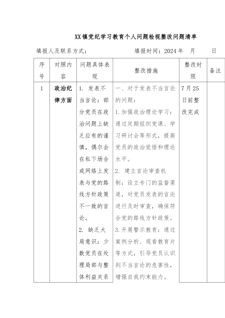 XX镇党纪学习教育个人问题检视整改问题清单.docx_第1页