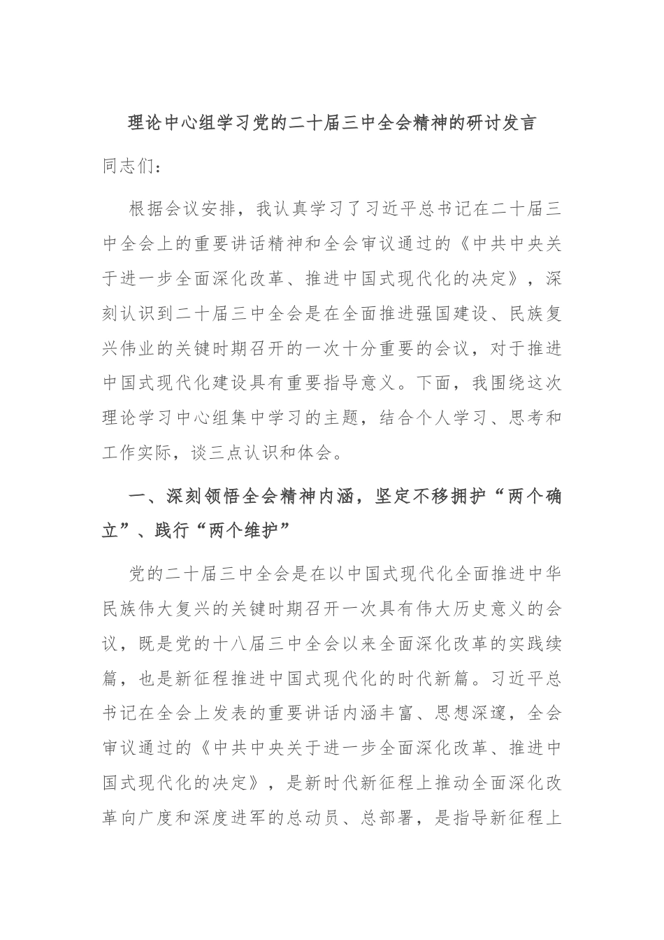 理论中心组学习党的二十届三中全会精神的研讨发言.docx_第1页